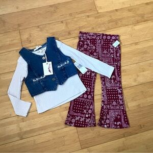 NWT Girls Size 3T Outfit - LS Top, Denim Vest & Print Flare Pants
